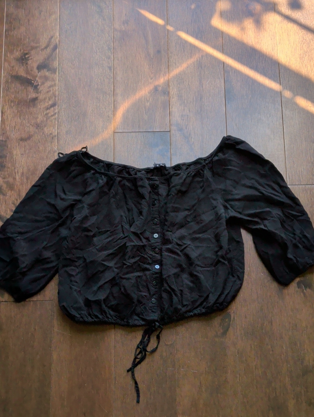 Ambiance Black Button-Front Cropped Peasant Top